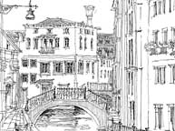Pen and Ink Illustration of a Canal. Venice, Italy.
