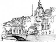 Pen and Ink Illustration of a Bridge in Paris